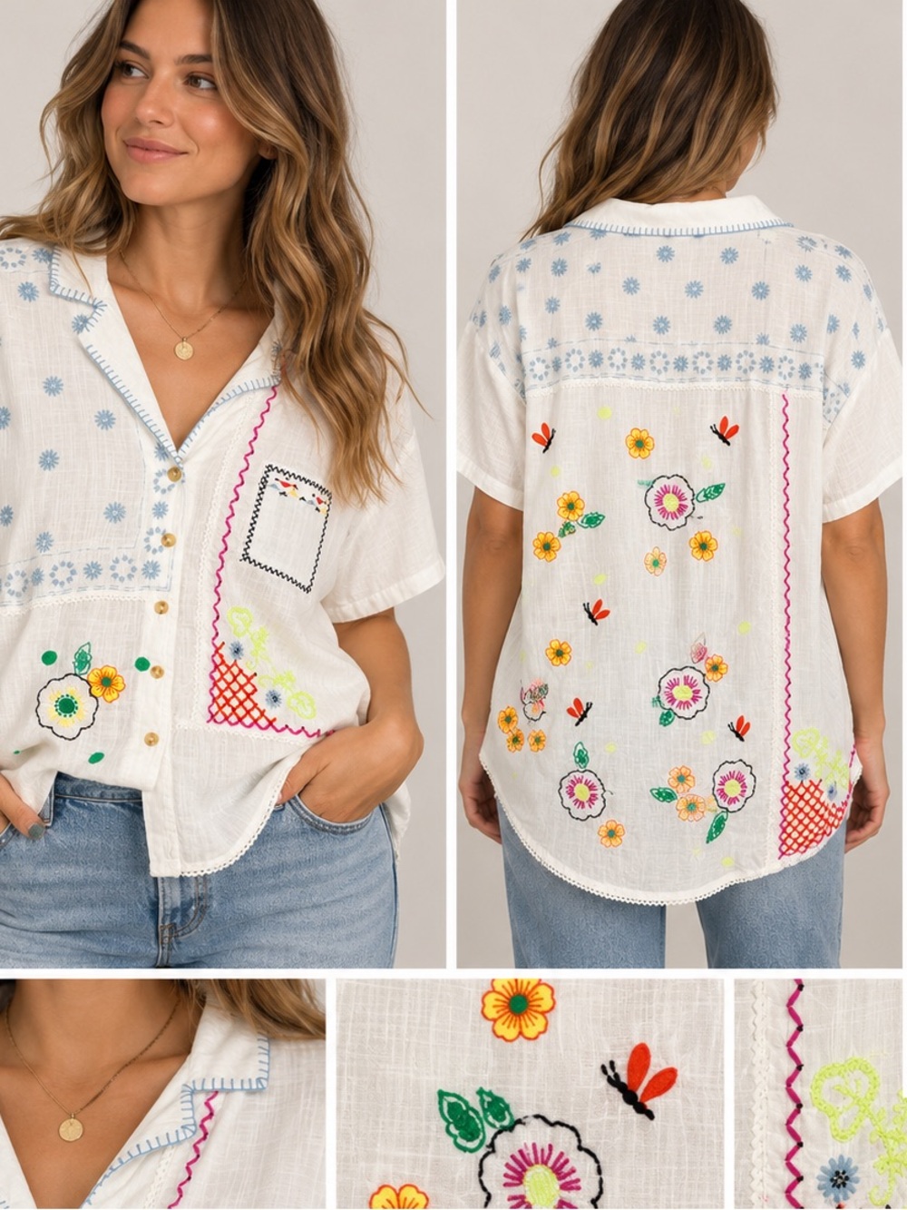 Go Fish Embroidered Boho Button-Down Shirt 100% Cotton